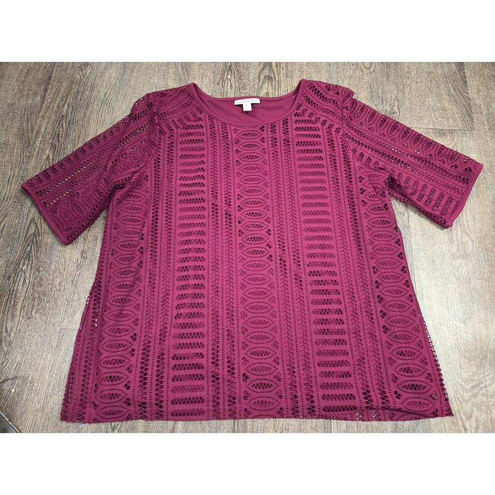 Dana Buchman Dark Red Pink Short Sleeve Top Lace Blouse Size XL